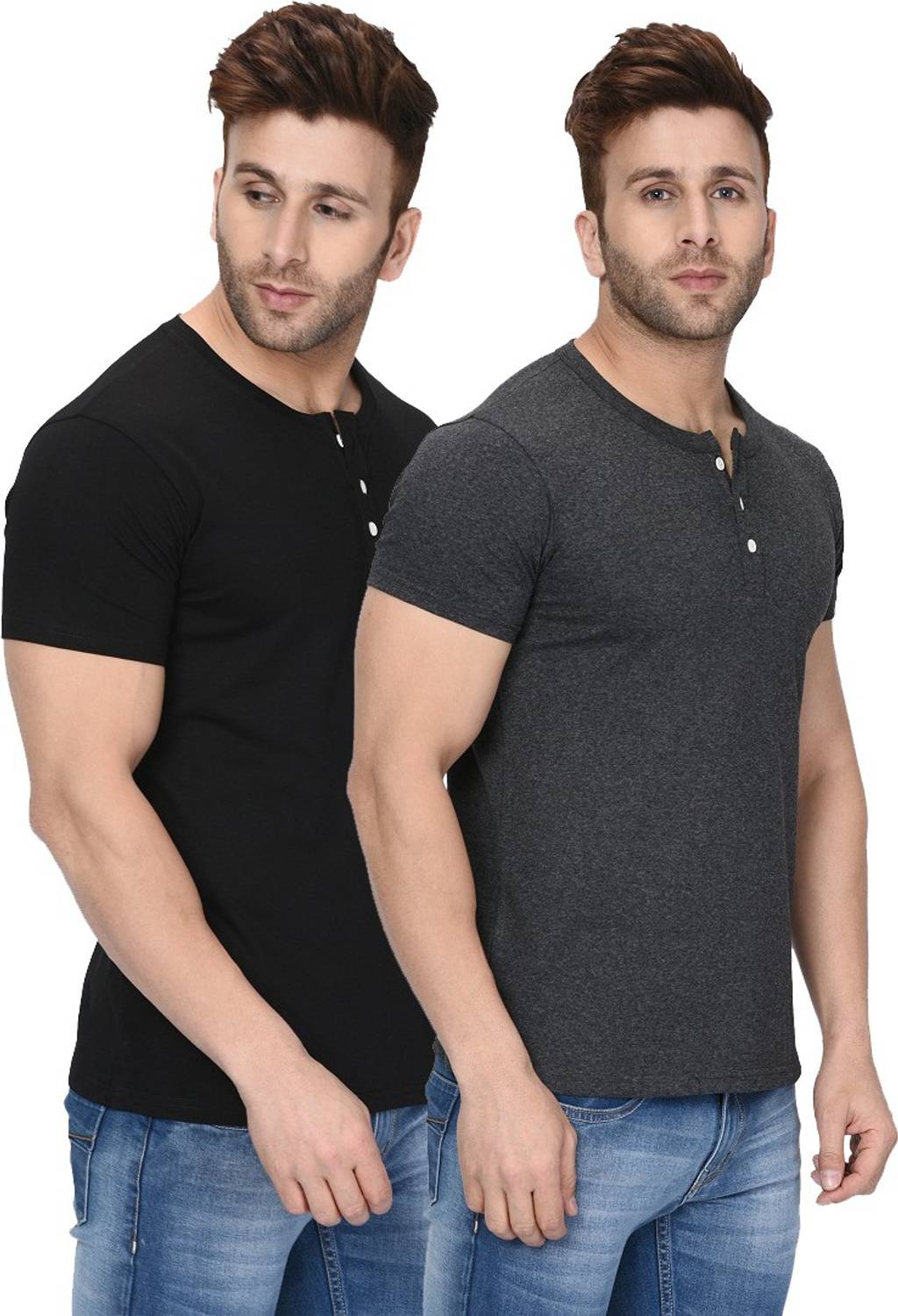 Pack of 2 Men Solid Henley Neck Cotton Blend Black, Grey T-Shirt - Image 3