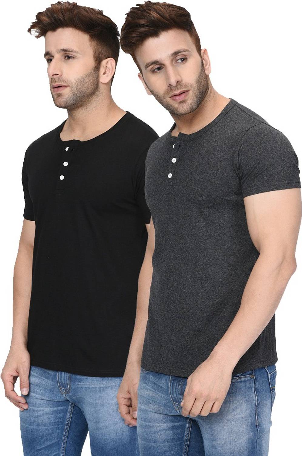 Pack of 2 Men Solid Henley Neck Cotton Blend Black, Grey T-Shirt - Image 4