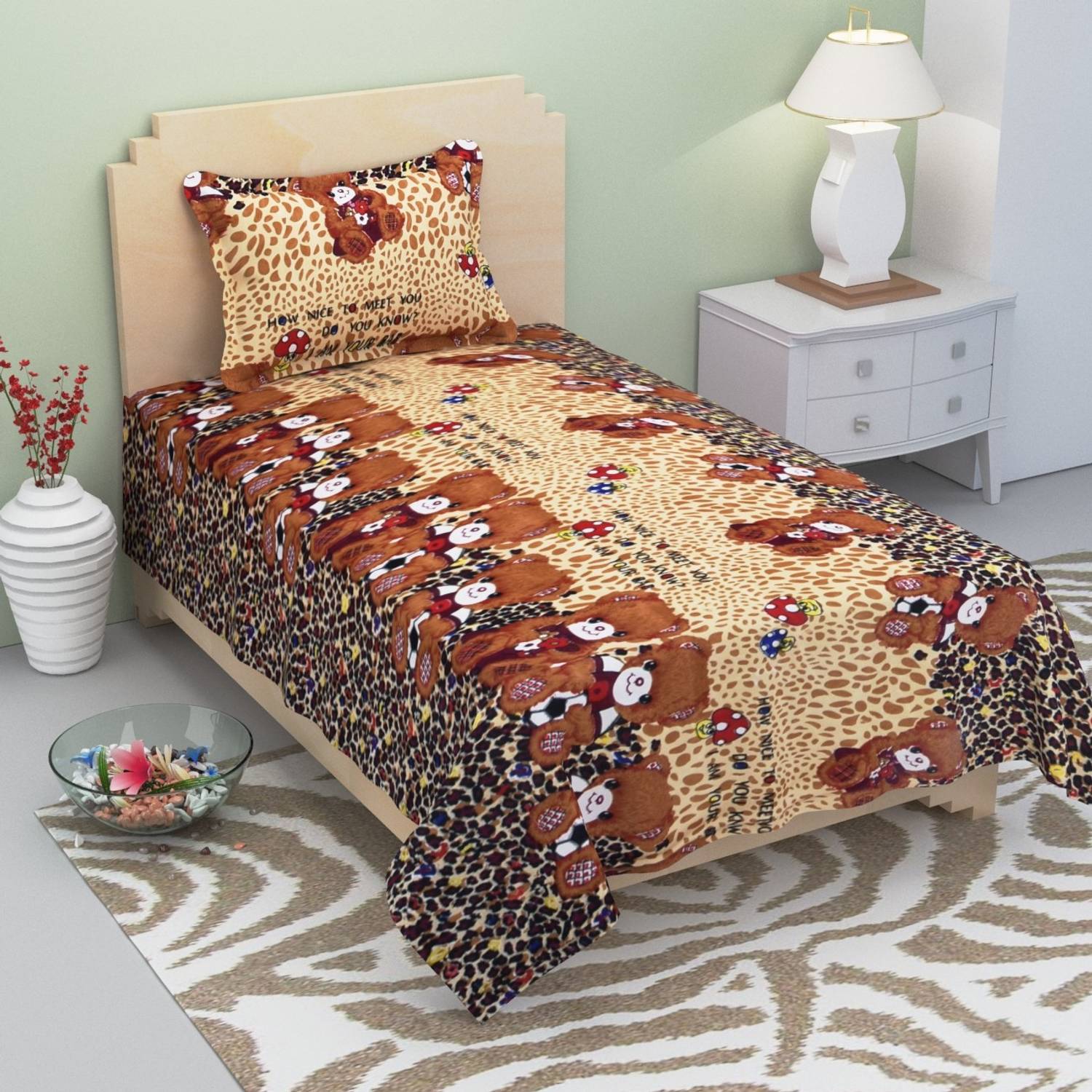 Lakshika decor homes Microfiber Single Fitted & Flat 144 TC Printed 1 Bedsheet with 2 Pillow Covers