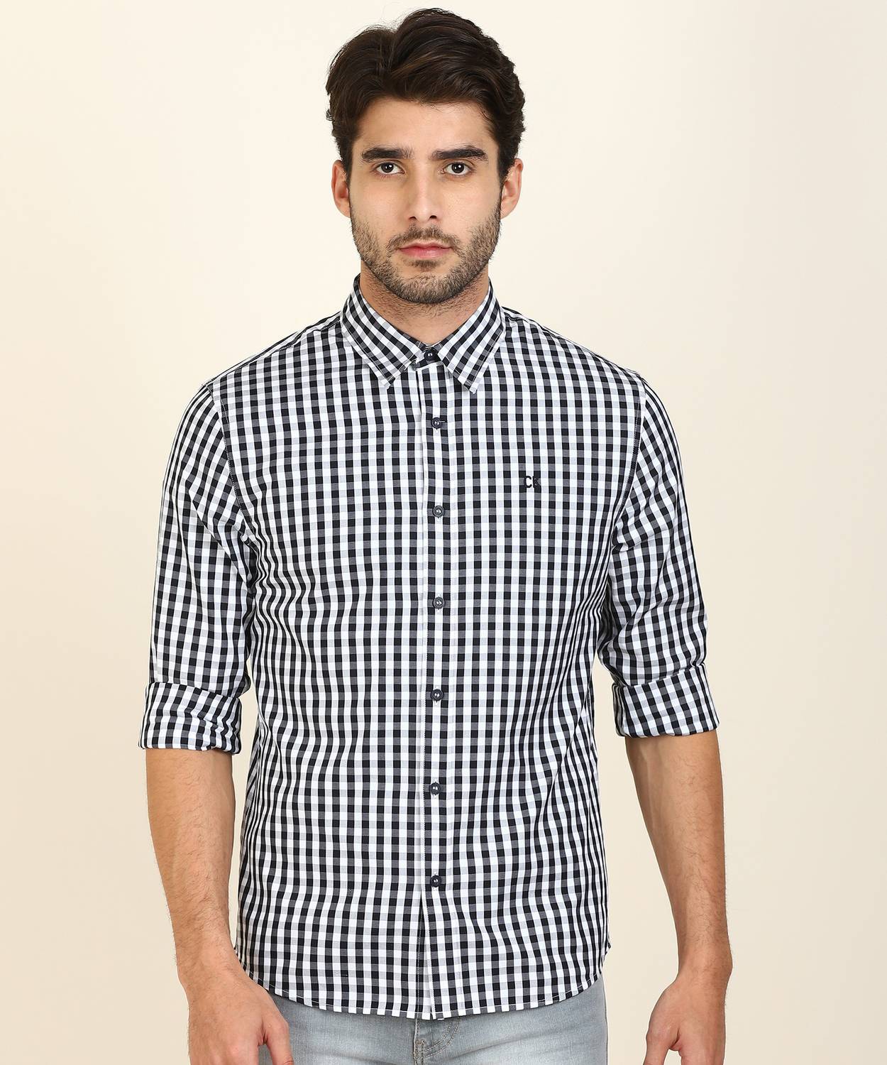 Calvin Klein Jeans Men Checkered Casual White, Black Shirt