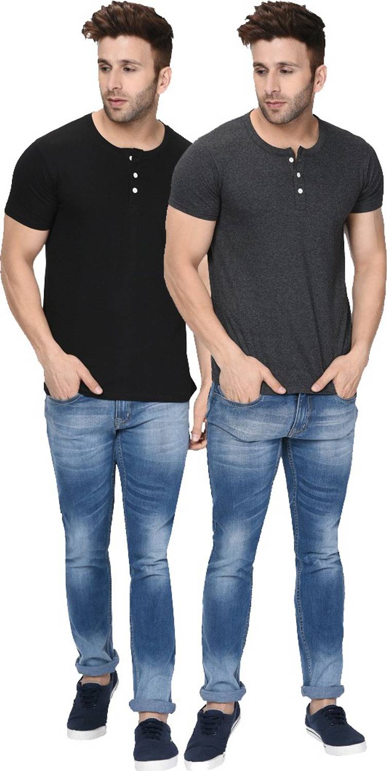 Pack of 2 Men Solid Henley Neck Cotton Blend Black, Grey T-Shirt - Image 5