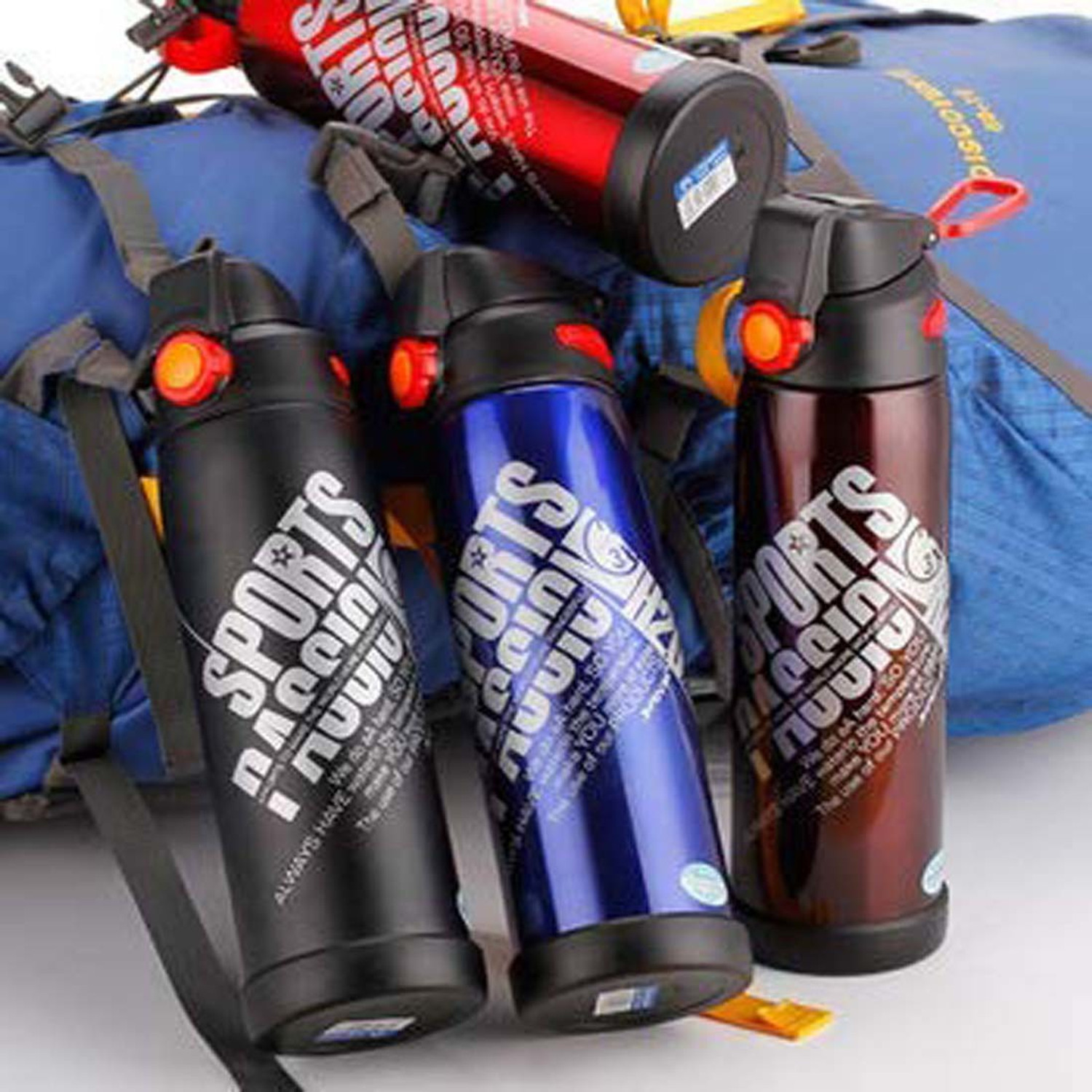 Image of Vpllex Stainless Steel Sports water Bottle With Sipper Blue And Red and black 800 ml Water Bottles
