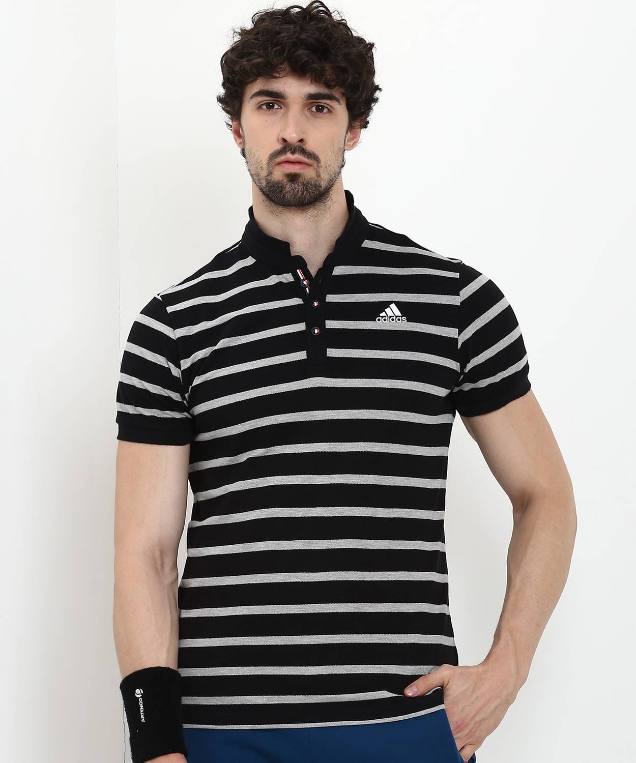 ADIDAS Striped Men Mandarin Collar Black, Grey T-Shirt