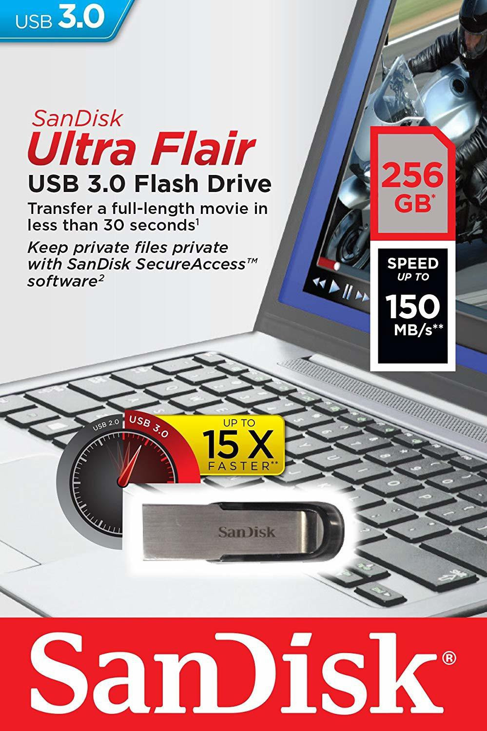 Image of SanDisk Ultra Flair 256 GB Pen Drive Compatible with Desktop Computer, Laptop USB 3.0 Metal Case