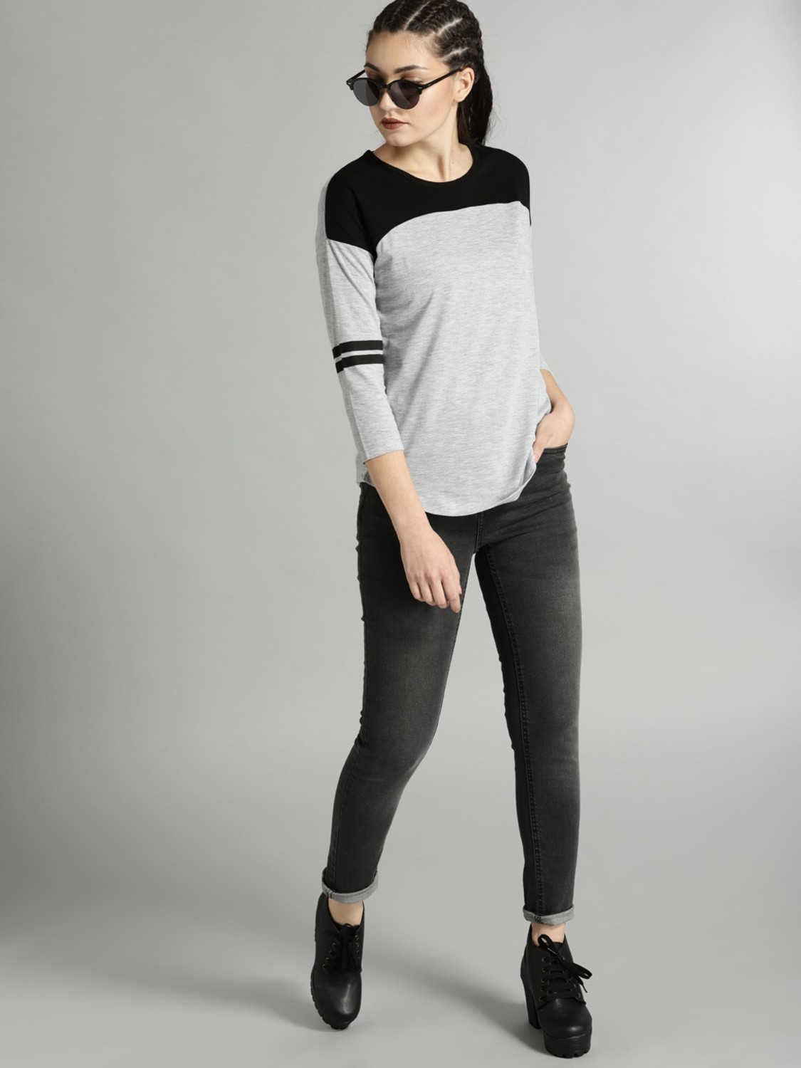 Image of Roadster Colorblock Women Round Neck Grey T-Shirt