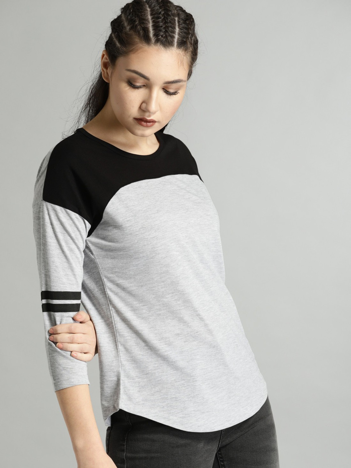 Image of Roadster Colorblock Women Round Neck Grey T-Shirt