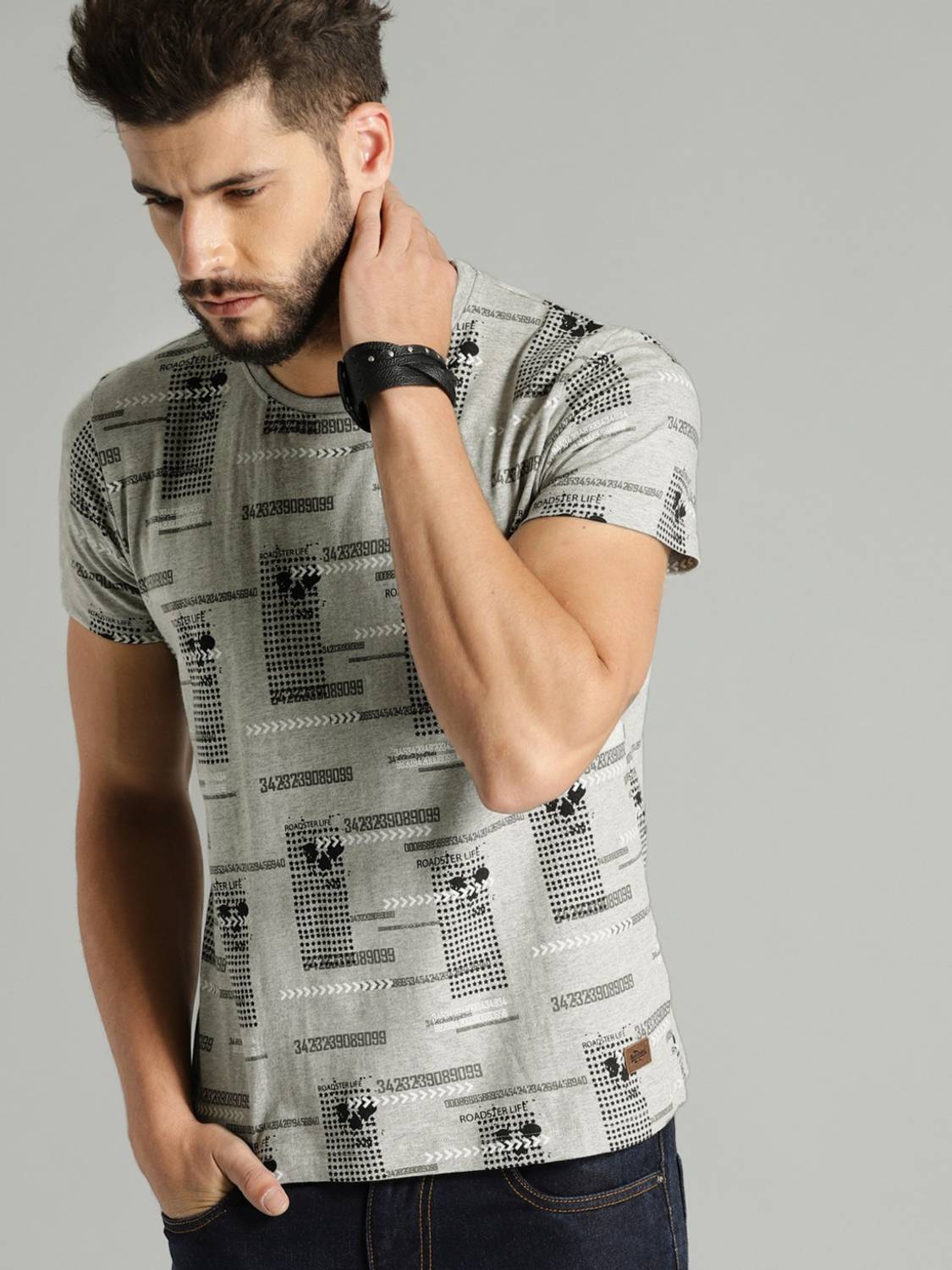 Roadster Men Printed Round Neck Pure Cotton Grey T-Shirt