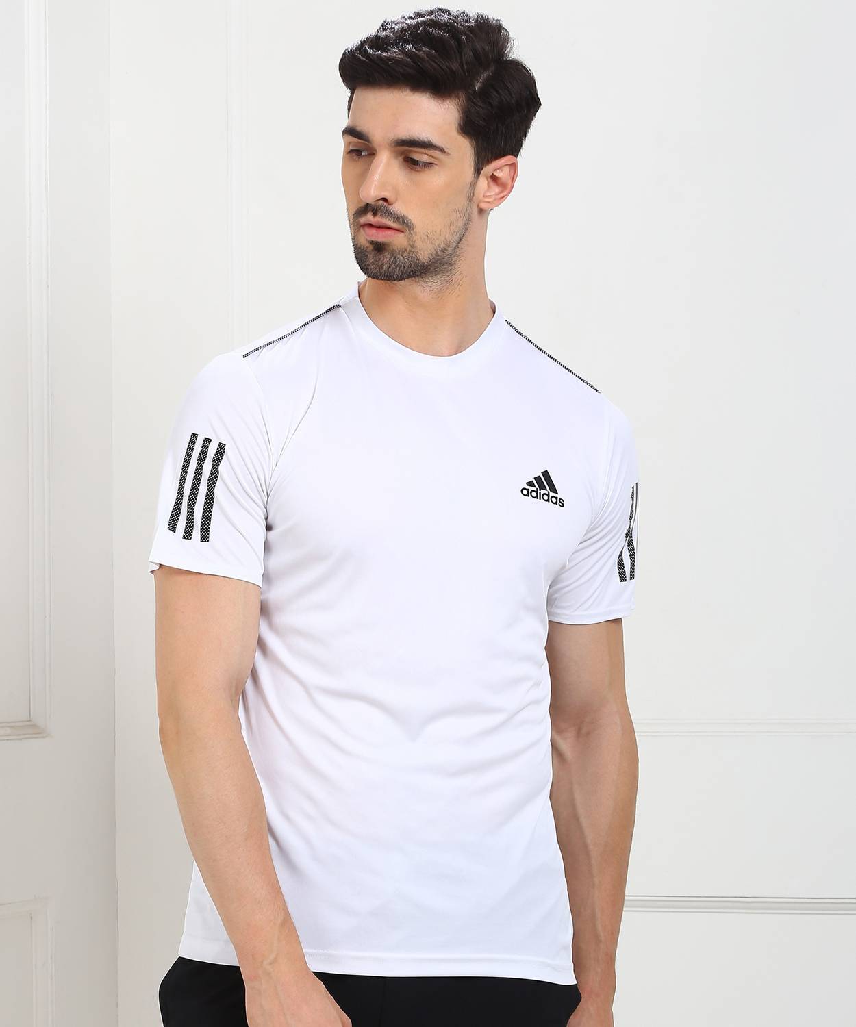 ADIDAS Striped Men Round Neck White T-Shirt