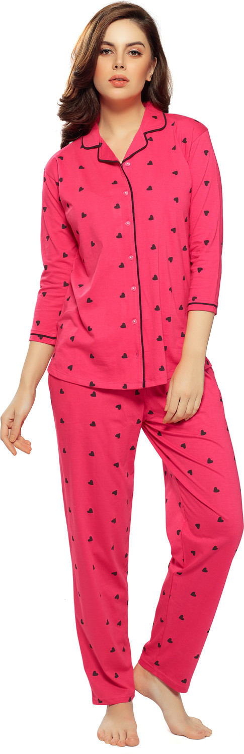 Image of ZEYO Women Printed Red Shirt & Pyjama set