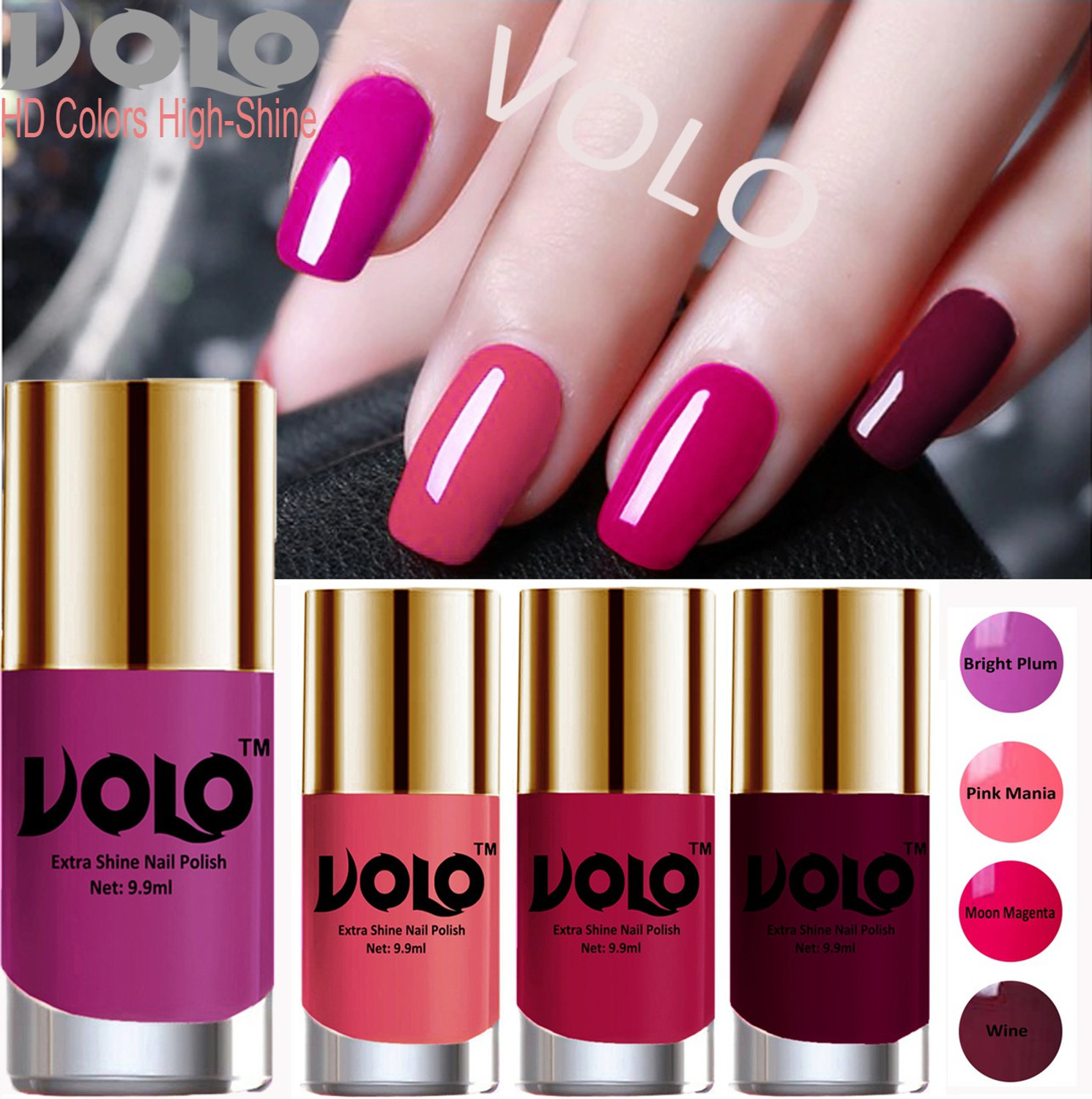 Image of Volo HD Colors High-Shine Long Lasting Non Toxic Professional Nail Polish Set of 4 Combo No-1 Bright Plum, Moon Magenta, Wine, Pink Mania