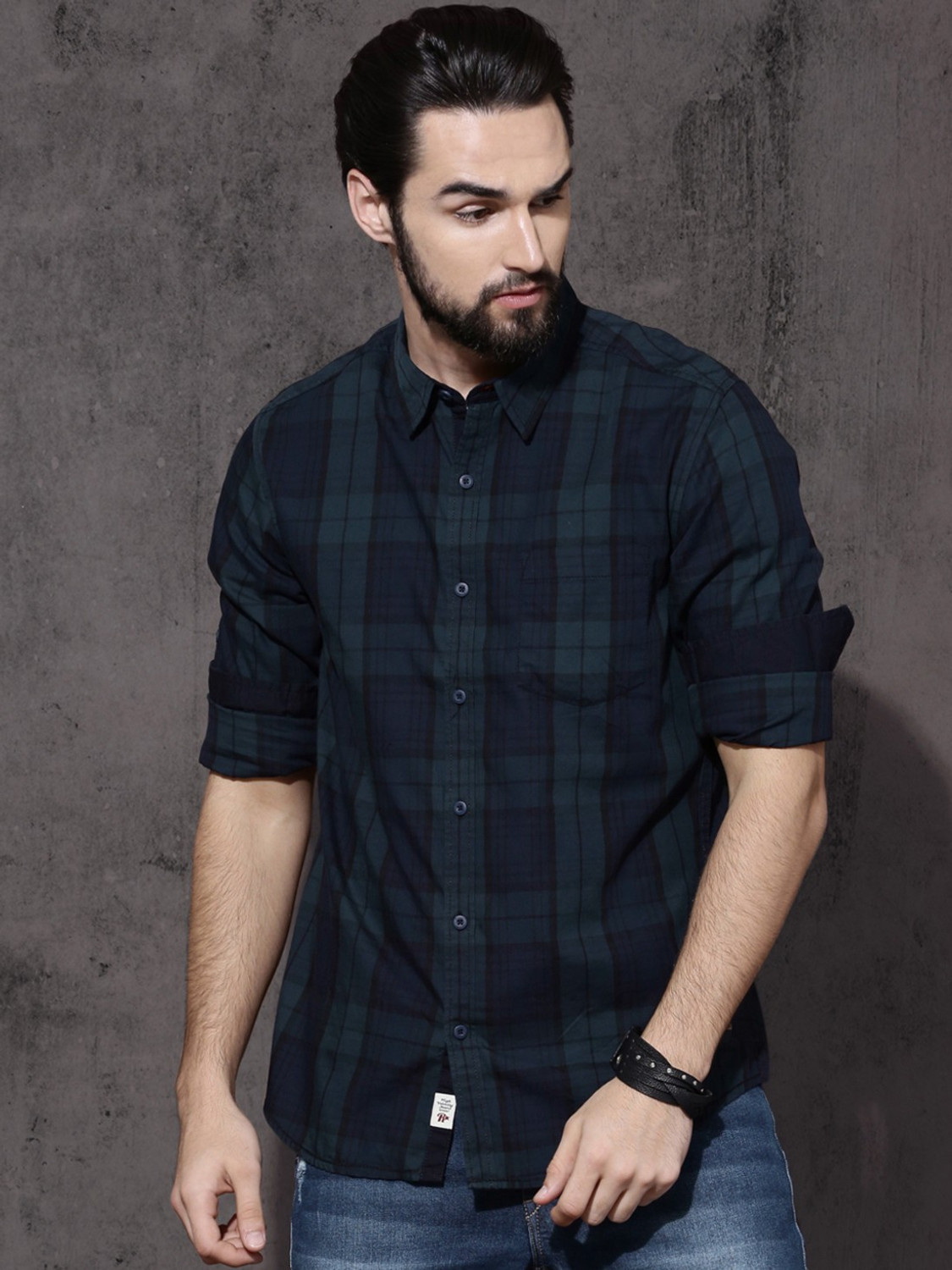 Image of Roadster Men Checkered Casual Dark Blue Shirt