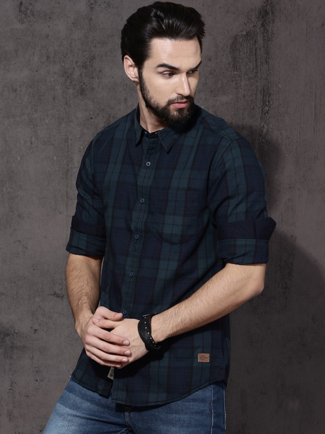Image of Roadster Men Checkered Casual Dark Blue Shirt