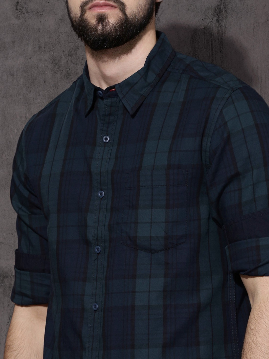 Image of Roadster Men Checkered Casual Dark Blue Shirt