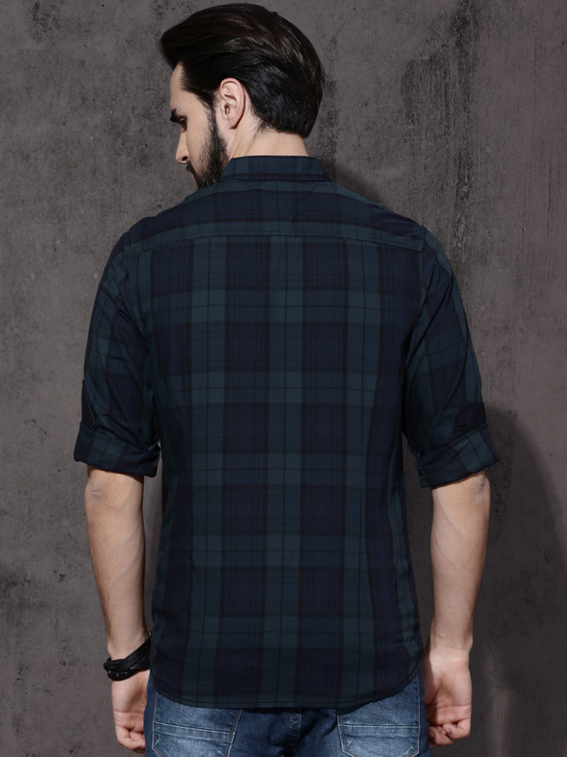 Image of Roadster Men Checkered Casual Dark Blue Shirt