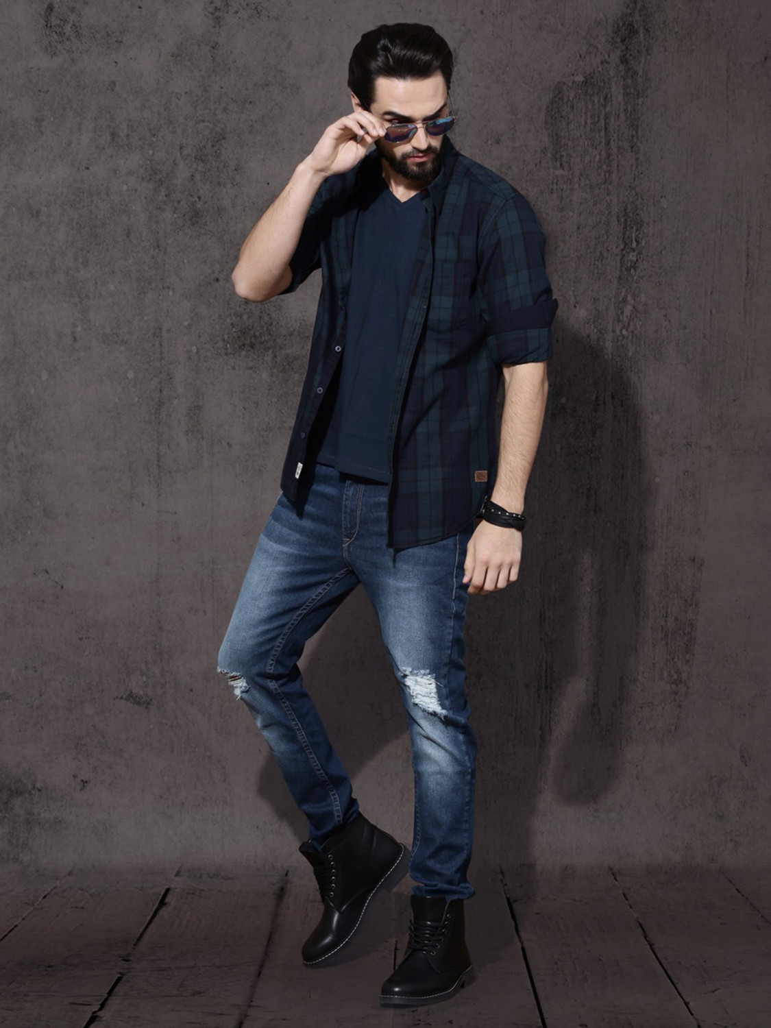 Image of Roadster Men Checkered Casual Dark Blue Shirt