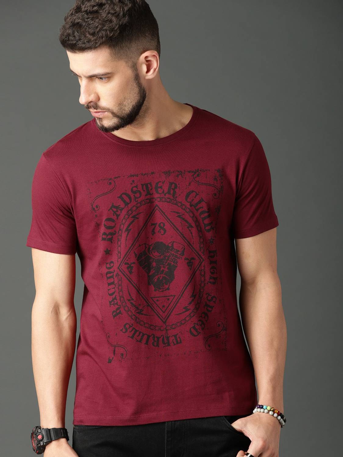 Roadster Men Printed Round Neck Pure Cotton Maroon T-Shirt