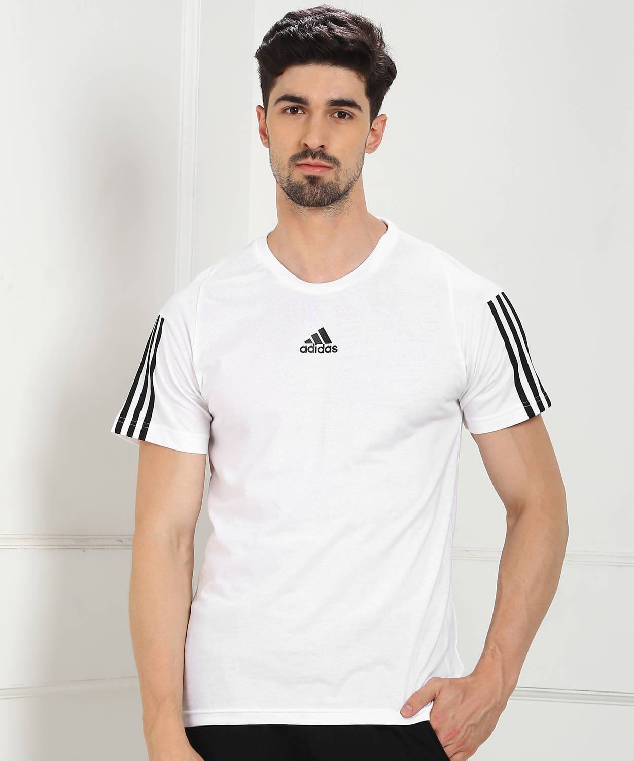 ADIDAS Striped Men Round Neck White T-Shirt