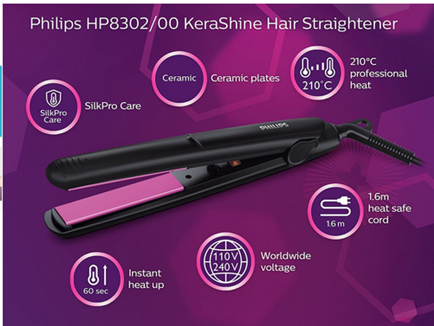 Image of PHILIPS HP8302 Essential Selfie Straightener (Black) Hair Straightener