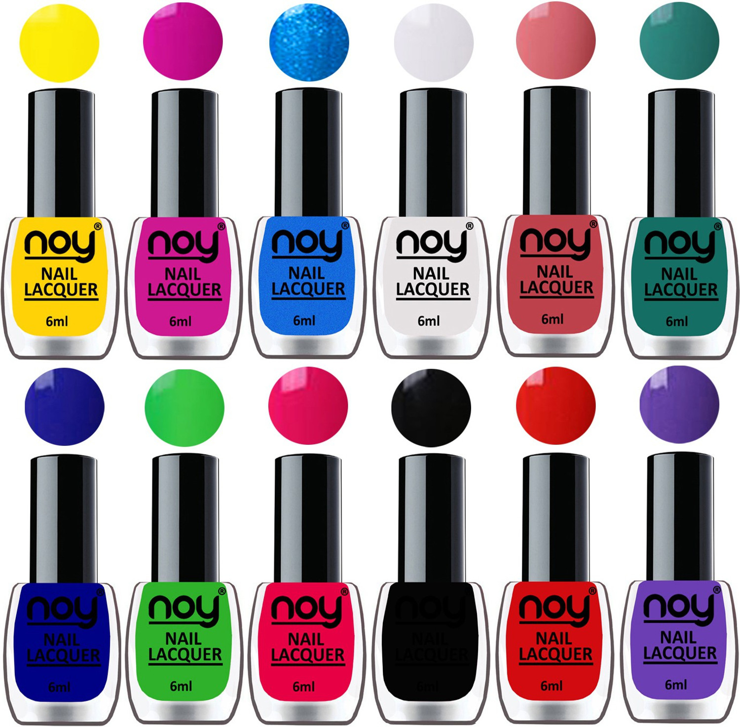 Image of NOY 60 Seconds Quick Dry Shiny Nail Polishes Combo of 12 Pcs 6ml each Combo-No-04 Yellow, ,Sky Blue, White,Peach,Radium Green