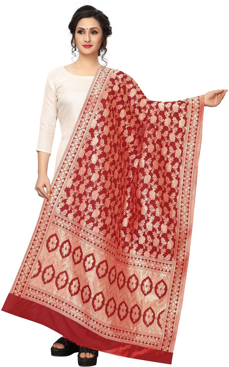 jennydesigner Silk Blend Woven Red Women Dupatta