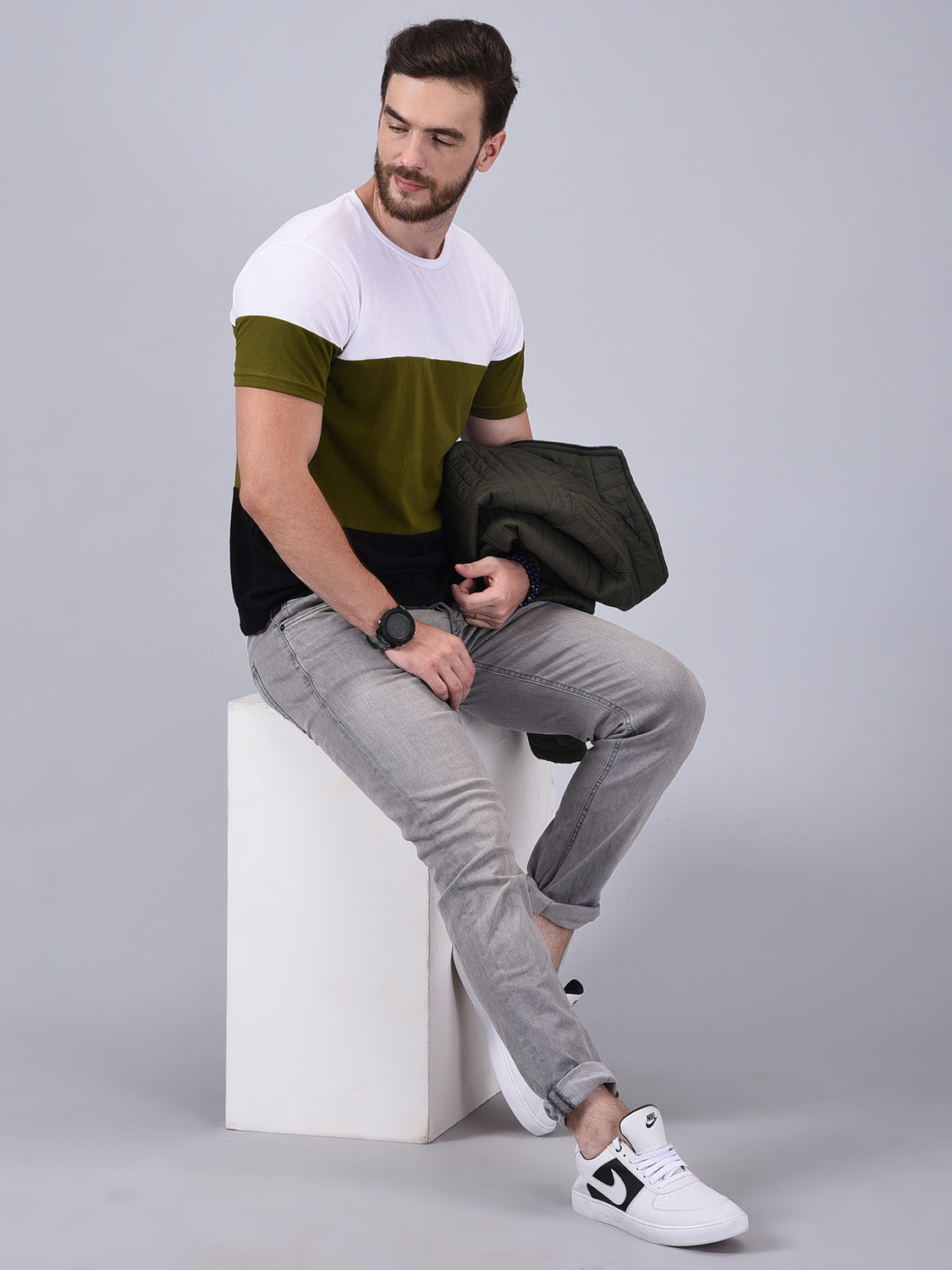 Image of Wrath Colorblock Men Round Neck Green, White, Black T-Shirt