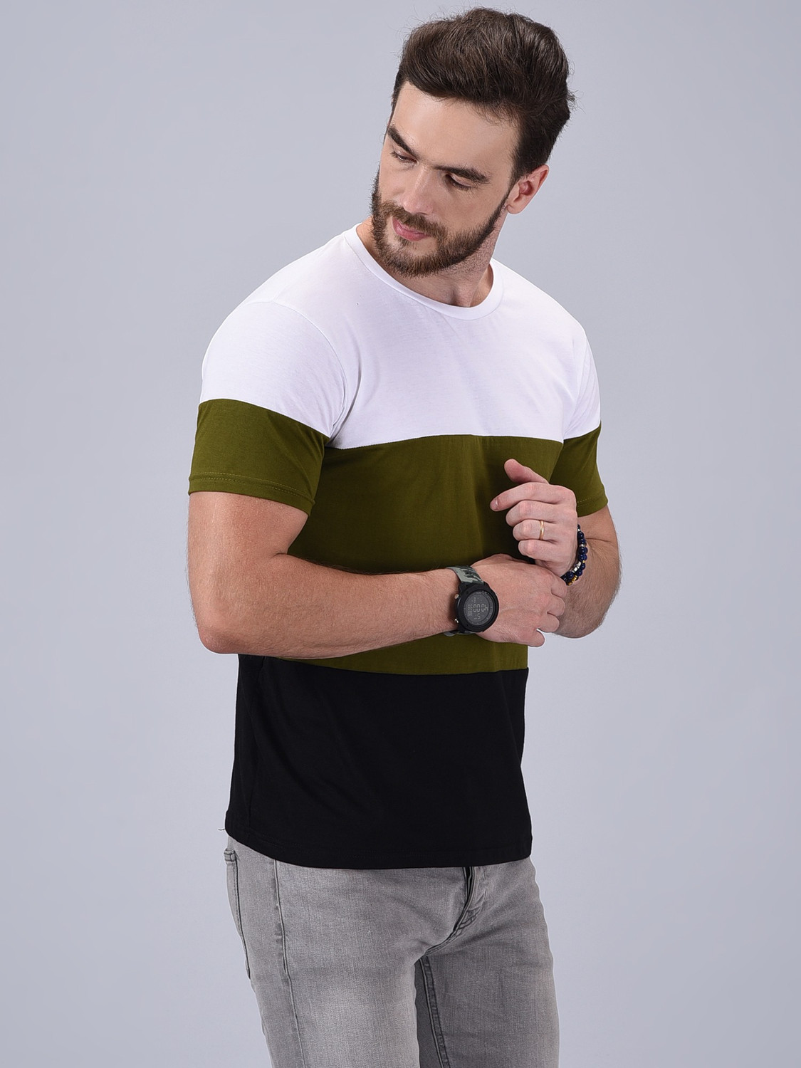 Image of Wrath Colorblock Men Round Neck Green, White, Black T-Shirt