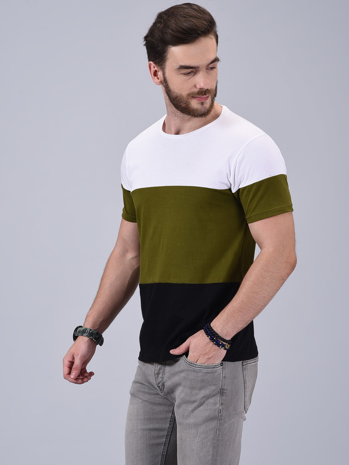 Image of Wrath Colorblock Men Round Neck Green, White, Black T-Shirt