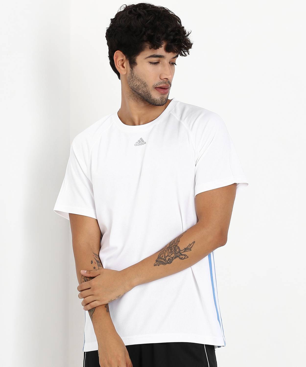 ADIDAS Striped Men Round Neck White T-Shirt