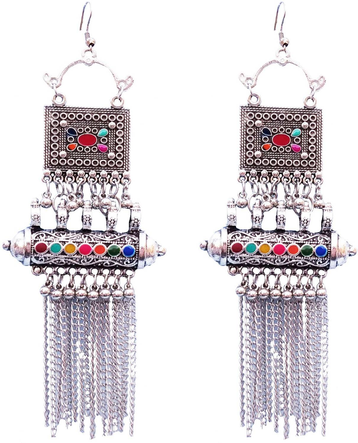 Shining Angel New Long Earring Multi With Chain Afghani Tribal Sliver Oxidized Earrings for Women and Girls Alloy Drops & Danglers