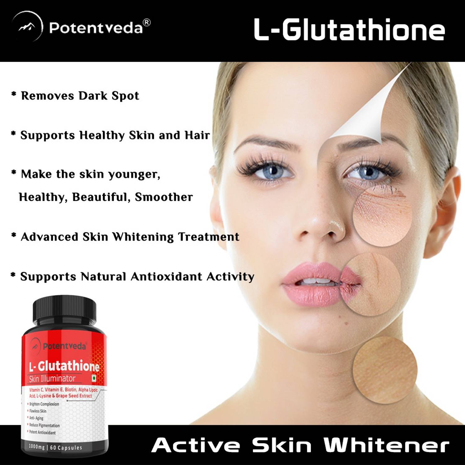 Potentveda L -Glutathione 1000 mg Skin Whitening | 60 capsules Price in  India - Buy Potentveda L -Glutathione 1000 mg Skin Whitening | 60 capsules  online at Flipkart.com