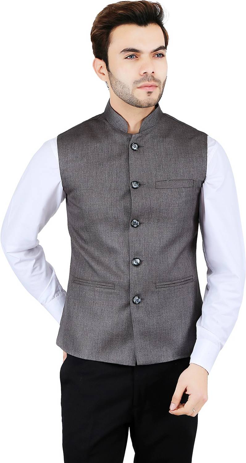 Badoliyasons Jute Grey Solid Nehru Jacket Men Self Design Nehru Jacket