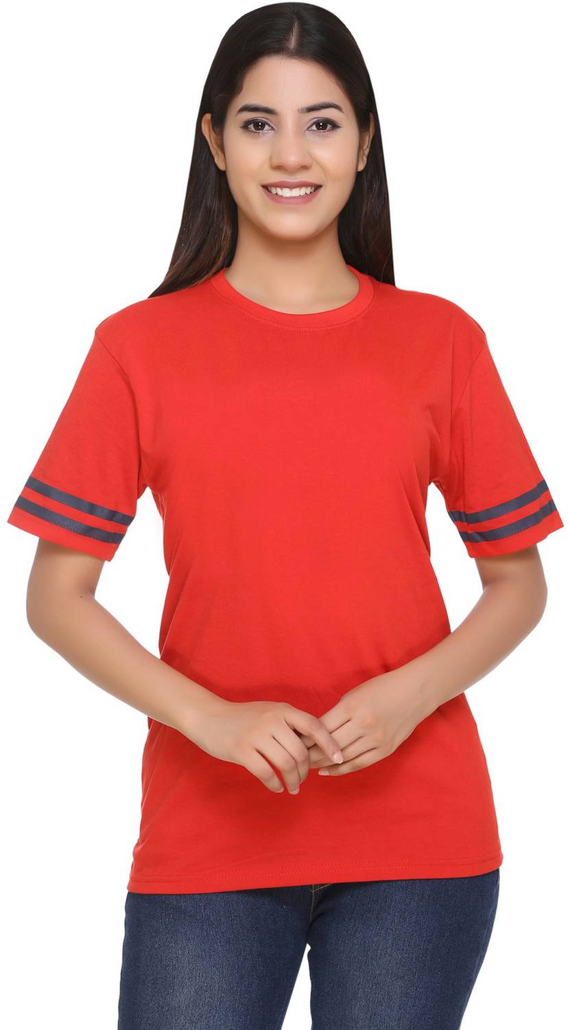 69GAL Solid Women Round Neck Red T-Shirt