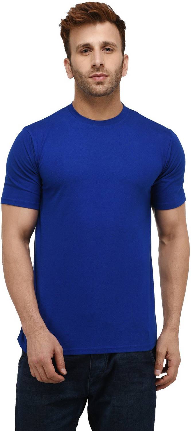 London Hills Men Solid Round Neck Cotton Blend Blue T-Shirt