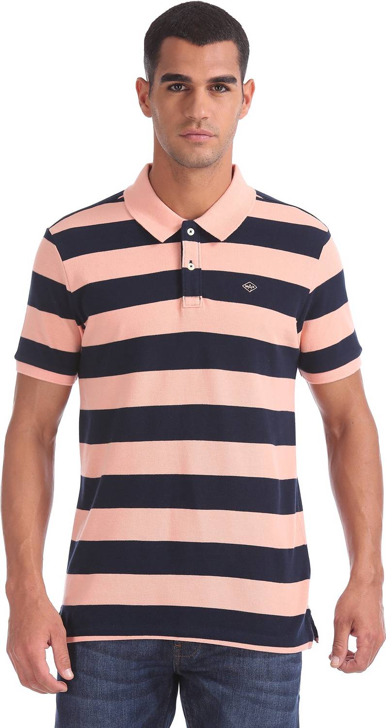 ARROW Striped Men Polo Neck Orange T-Shirt