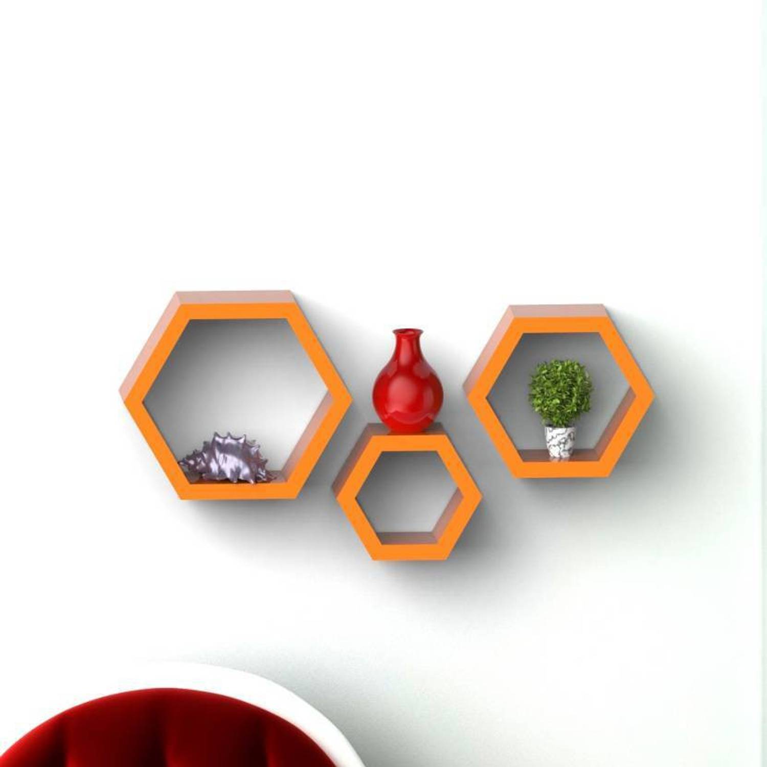 AmazingShopee Set Of 3 Hexagon shape Designer Storage Shelves -Brown MDF (Medium Density Fiber) Wall Shelf