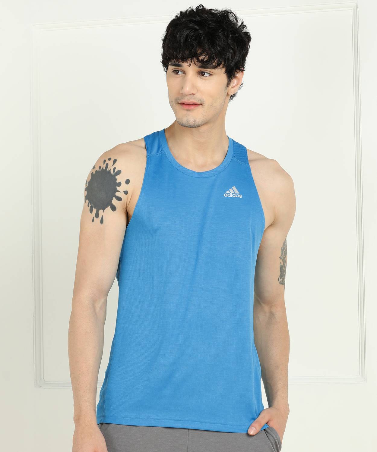 ADIDAS Self Design Men Round Neck Blue T-Shirt