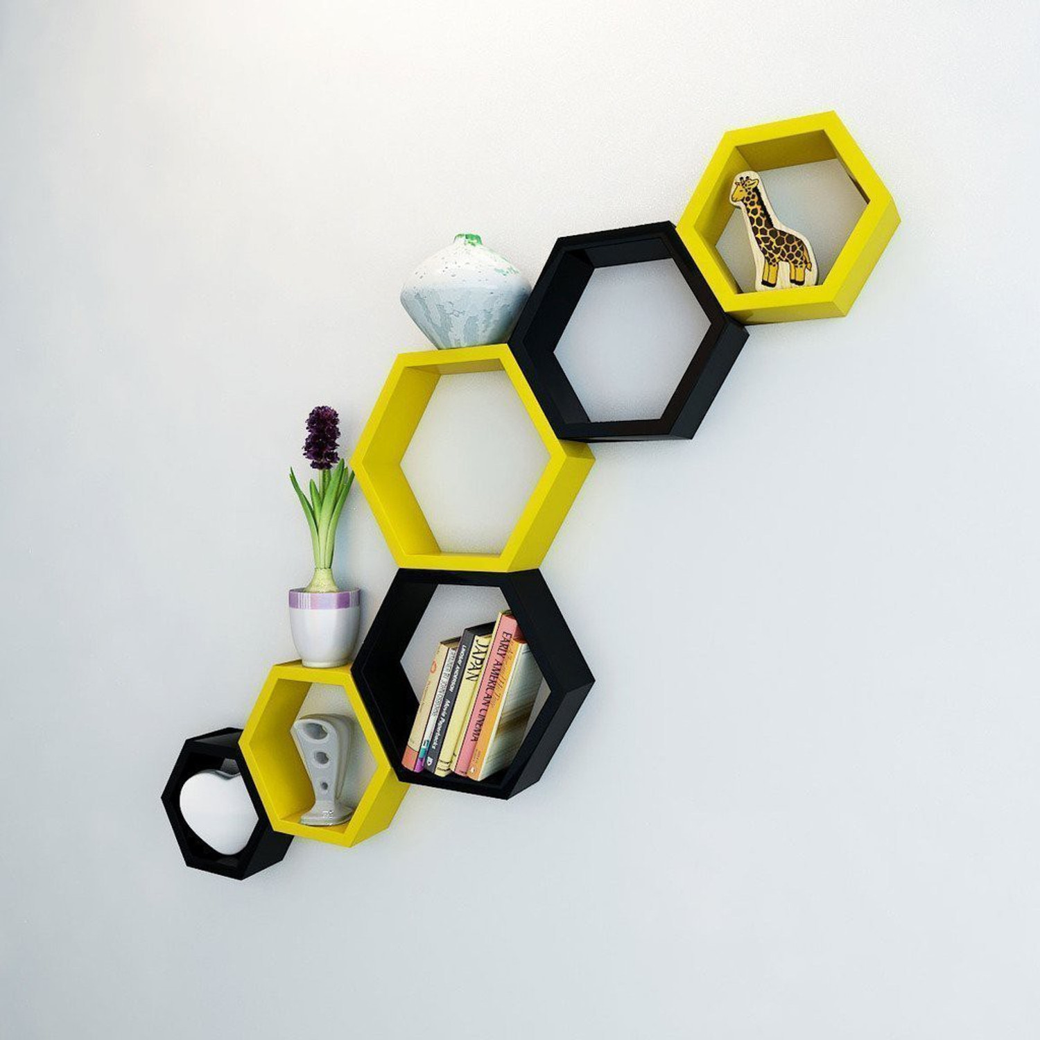 Image of WallHeaven Wall Mounted Set of 6 Hexagonal Shelves for living Room Bedroom MDF (Medium Density Fiber) Wall Shelf