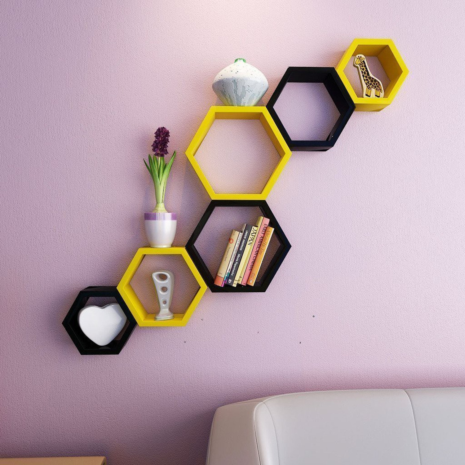 Image of WallHeaven Wall Mounted Set of 6 Hexagonal Shelves for living Room Bedroom MDF (Medium Density Fiber) Wall Shelf
