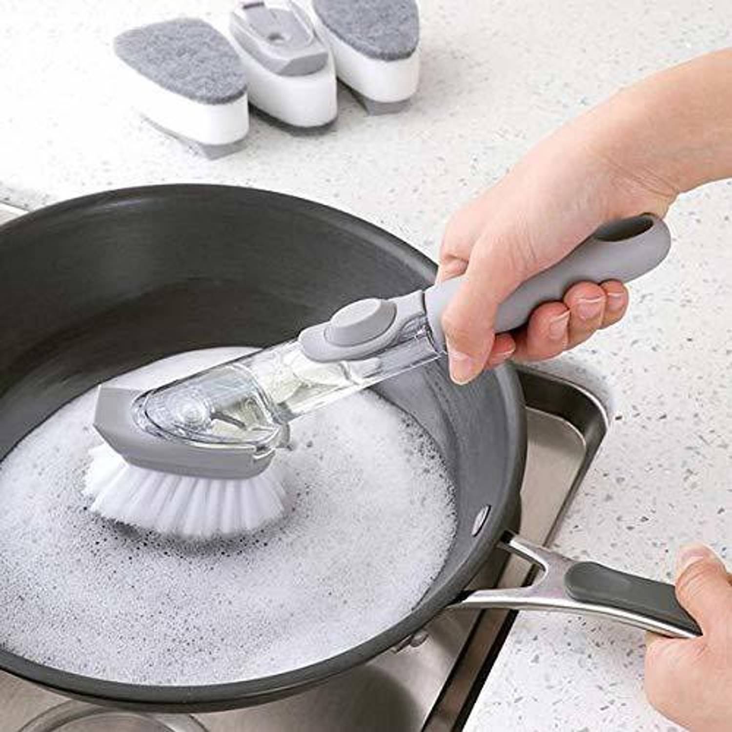 Cutezy Plastic Handy Scrubber Brush with Refill Liquid Soap Dispenser for Kitchen, Sink, Dish Washer (Multicolor) Plastic Wet and Dry Brush — Cleaning Tools