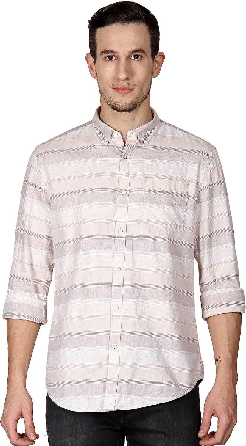 Blackberrys Men Striped Casual White, Pink, Beige Shirt