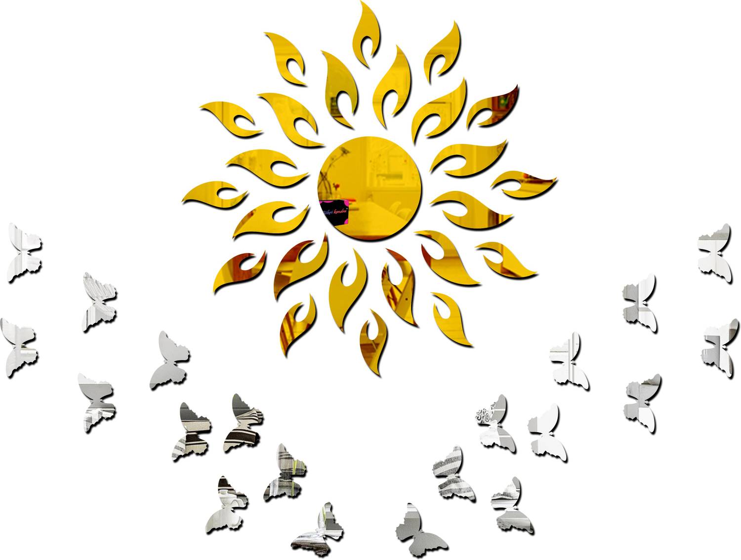 Bikri Kendra 100 cm sun golden with butterfly silver - 3D mirror acrylic wall stickers decorative Self Adhesive Sticker