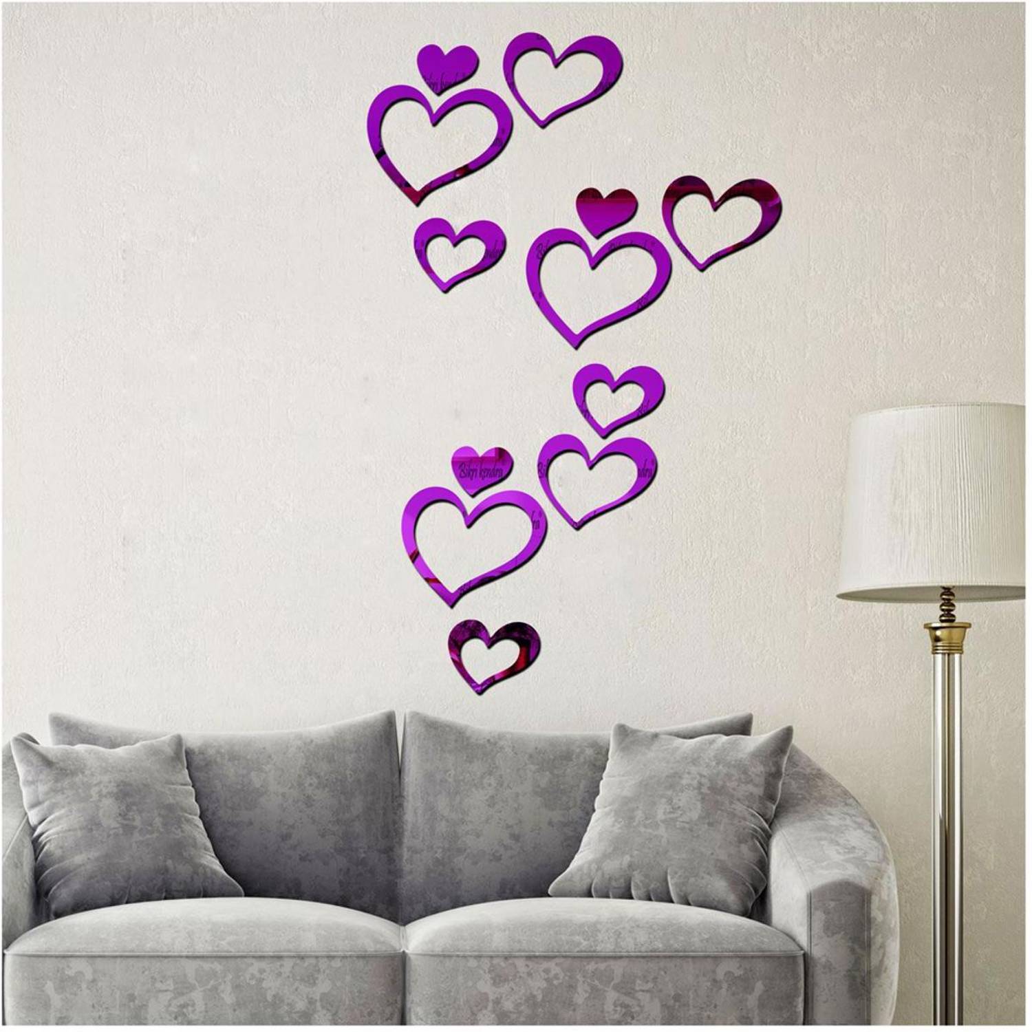 Bikri Kendra 100 cm love hearts purple 12 - 3D acrylic Mirror wall stickers Self Adhesive Sticker