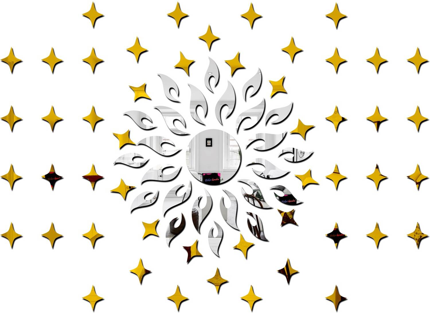 Bikri Kendra 100 cm sun silver with 50 star golden - 3D acrylic mirror wall stickers Self Adhesive Sticker