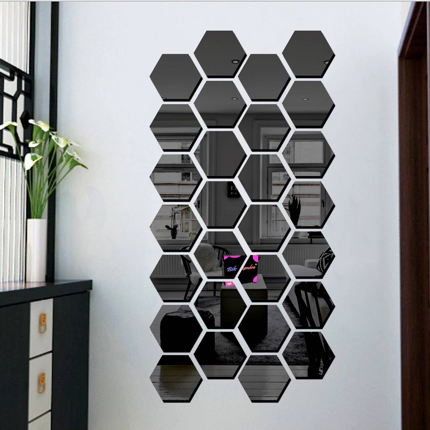 Bikri Kendra 100 cm Hexagon 28 black - 3D acrylic Decorative mirror wall stickers Self Adhesive Sticker