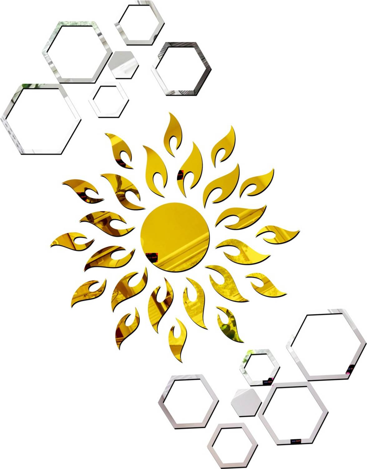 Bikri Kendra 100 cm sun golden with hexagon rings silver 2 set - 3D acrylic mirror wall stickers Self Adhesive Sticker