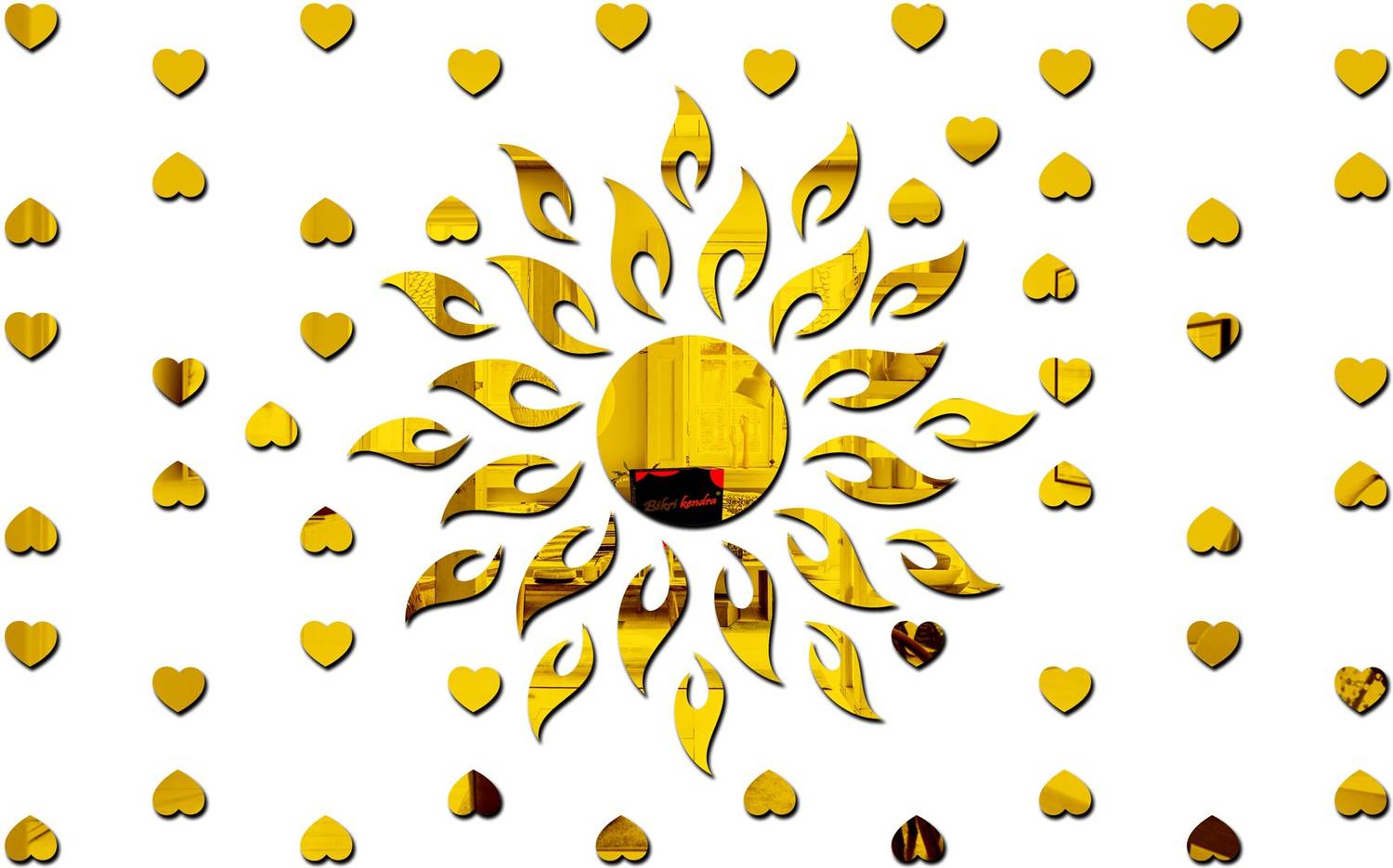 Bikri Kendra 100 cm sun golden with 50 hearts golden - 3D acrylic mirror wall stickers Self Adhesive Sticker