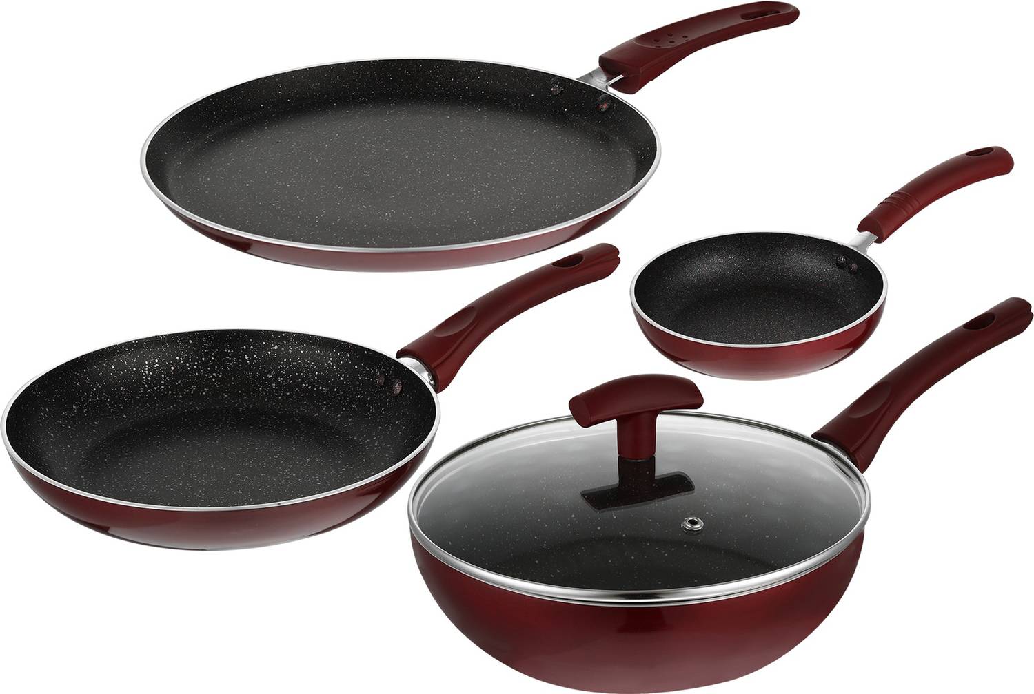BERGNER Bergner Amarone 5 Pcs Cookware Set (Wok-24 Cm, Frypan-24 Cm, Tawa-25 Cm, Mini Pan-14 Cm) Induction Bottom Non-Stick Coated Cookware Set
