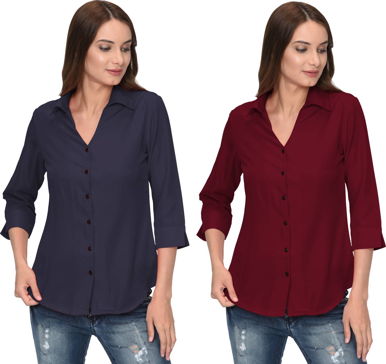 Thisbe Women Solid Casual Dark Blue, Maroon Shirt