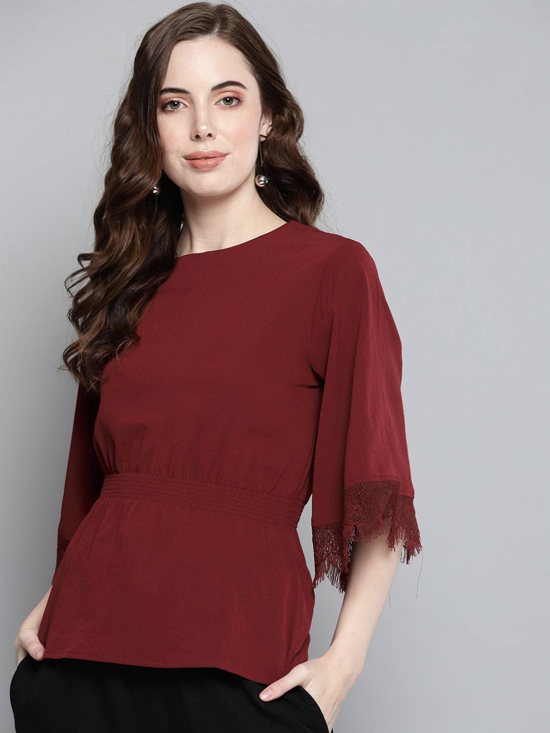 CARLTON LONDON Casual Flutter Sleeve Solid, Lace Women Maroon Top