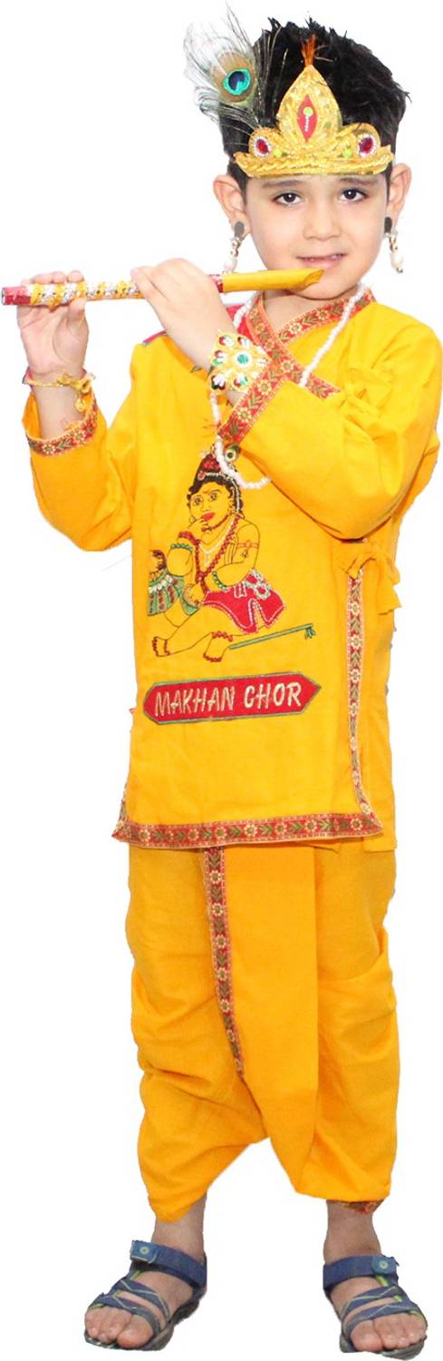 KAKU FANCY DRESSES Maakhan Chor In Cotton Fabric,Krishnaleela/Janmashtami/Kanha/Mythological Character Costume -Yellow, 5-6 Years, For Boys Kids Costume Wear